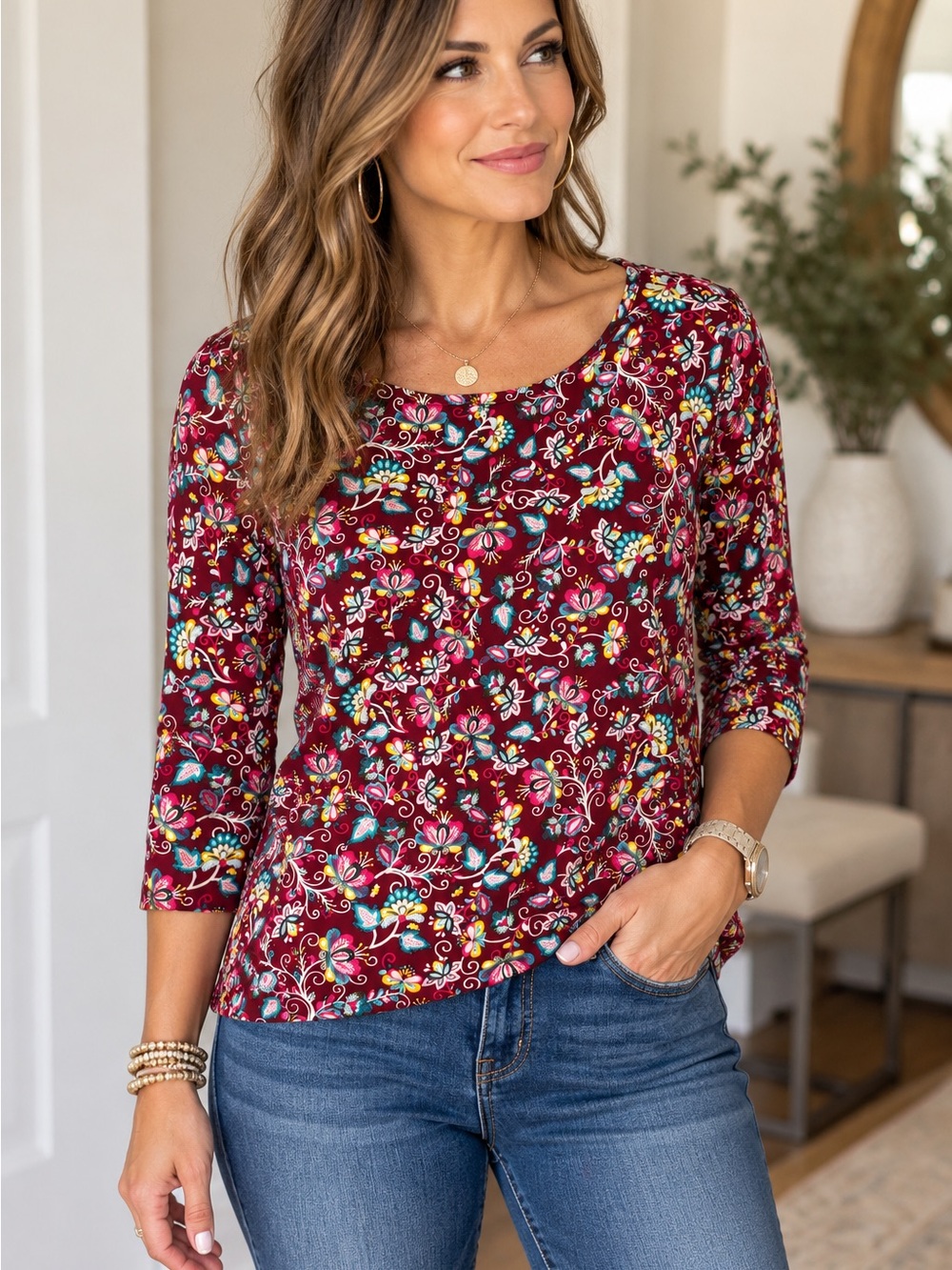 Talbots Burgundy Floral Scoop-Neck Long Sleeve Top size Large Petite